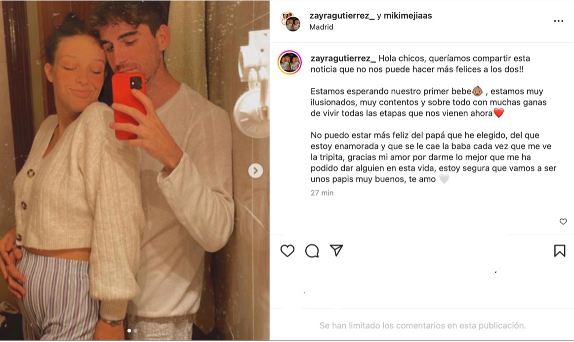 Publicación de Zayra Gutiérrez y Miguel Mejías en su perfil de Instagram