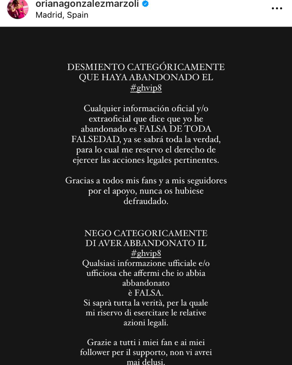 Comunicado Oriana Marzoli sobre su abandono