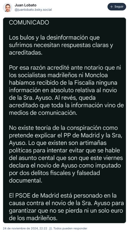 Comunicado de Juan Lobato en la red social Bluesky