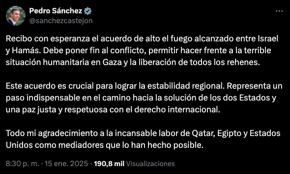 Mensaje del presidente del Gobierno, Pedro Sánchez, sobre el alto el fuego entre Israel y Hamás