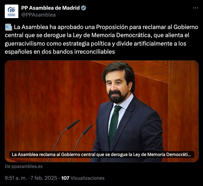 Post de X del Grupo Parlamentario Popular en la Asamblea de Madrid