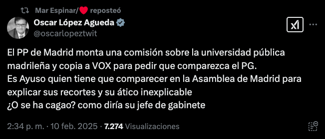 Post de X del secretario general del PSOE-M, Óscar López, tras conocerse la decisión del PP de citar a Pedro Sánchez a la comisión de investigación de la Asamblea de Madrid sobre la cátedra de su mujer, Begoña Gómez.