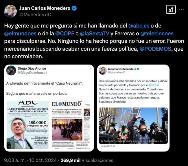 Publicación en X de Juan Carlos Monedero