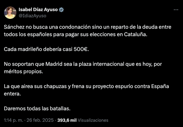 Publicación de Isabel Díaz Ayuso, presidenta de la Comunidad de Madrid, en su cuenta de X.