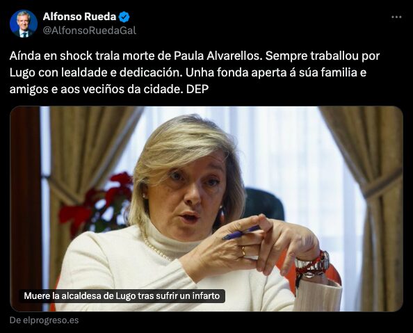 Mensaje del presidente de la Xunta de Galicia, Alfonso Rueda, por el fallecimiento de la alcaldesa de Lugo, Paula Alvarellos