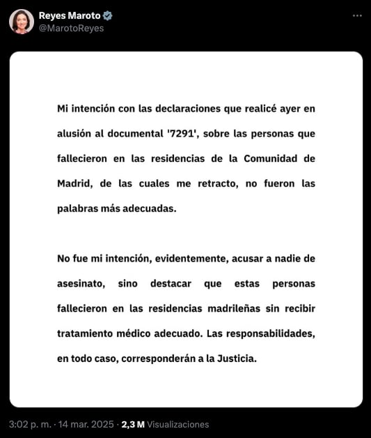 Post de Reyes Maroto en su perfil de X con una imagen del comunicado en el que se retracta de sus palabras, después de que Almeida anunciara una ruptura de relaciones institucionales con el Grupo Municipal Socialista en el Ayuntamiento de Madrid