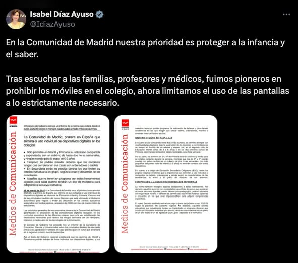 Post de X de la presidenta madrileña, Isabel Díaz Ayuso, sobre la prohibición del uso individual de dispositivos digitales en los centros educativos de la región