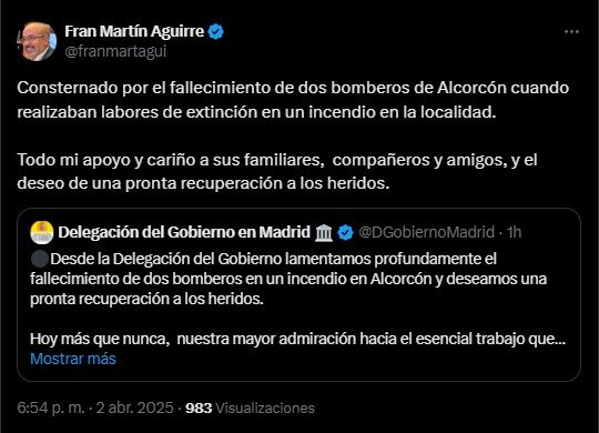 Pésame del delegado del gobierno en Madrid