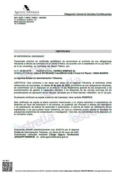 Certtificado Agencia Tributaria Hafesa