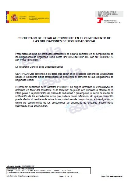 Certificado Seguridad Social Hafesa 2018