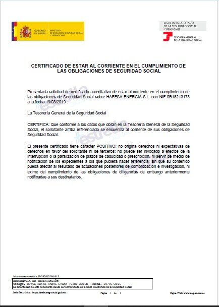 Certificado Seguridad Social Hafesa 2019