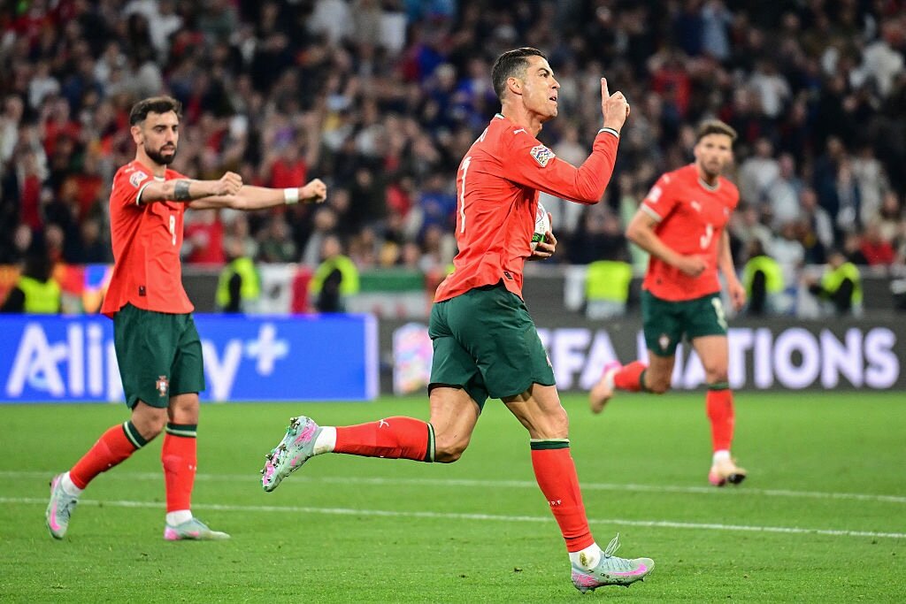 Cristiano Ronaldo celebra su gol frente a España en la final de la Nations League. Imagen: @EURO2024DE
