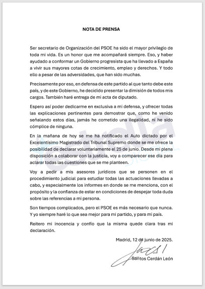 Comunicado íntegro de la dimisión de Santos Cerdán