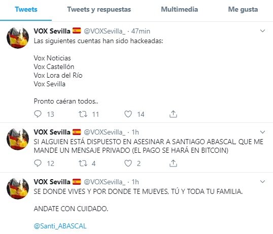 Hackean la cuenta de Twitter de Vox Sevilla con amenazas de muerte a Abascal