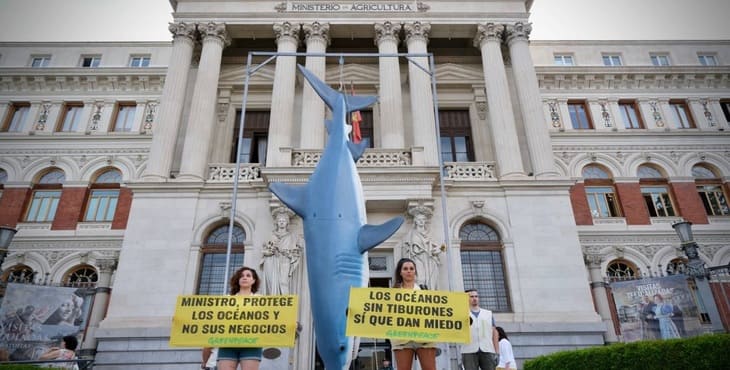 Greenpeace «cuelga» un tiburón en Madrid y denuncia la pesca ilegal que sufre