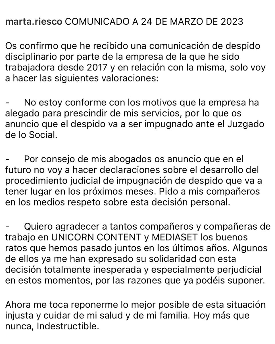 Imagen De Marta Riesco Estalla En Redes Tras Su Despido De Telecinco 2 Comunicado Despido Marta Riesco