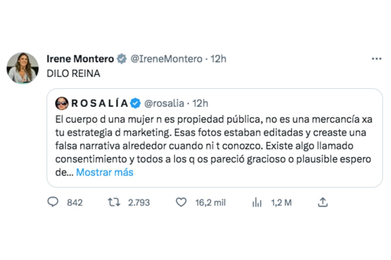 Imagen De Irene Montero Apoya A Rosalía Tras La Publicación De Sus Fotos Fake Desnuda 2 Tuit Irene Montero Apoyando A Rosalia