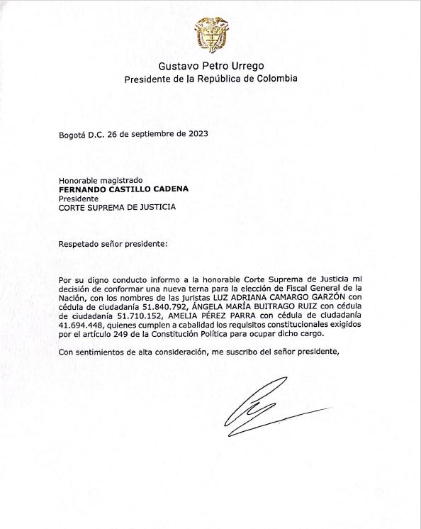 Imagen De Reajuste En La Terna Para Fiscal General En Colombia, ¿Casualidad O Mensaje Del Presidente? 1 Carta Terna